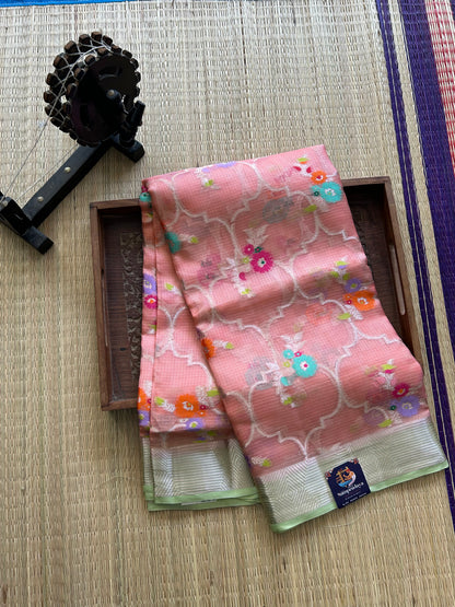 Pure Handloom Silk Kota Saree | Peach | Gold Zari  With Temple Border | Silk Mark Certified