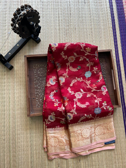 Pure Handloom Silk Kota Saree | Red | Gold Zari  With Temple Border | Silk Mark Certified