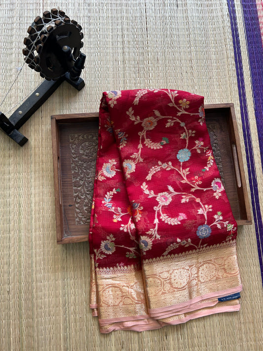 Pure Handloom Silk Kota Saree | Red | Gold Zari  With Temple Border | Silk Mark Certified