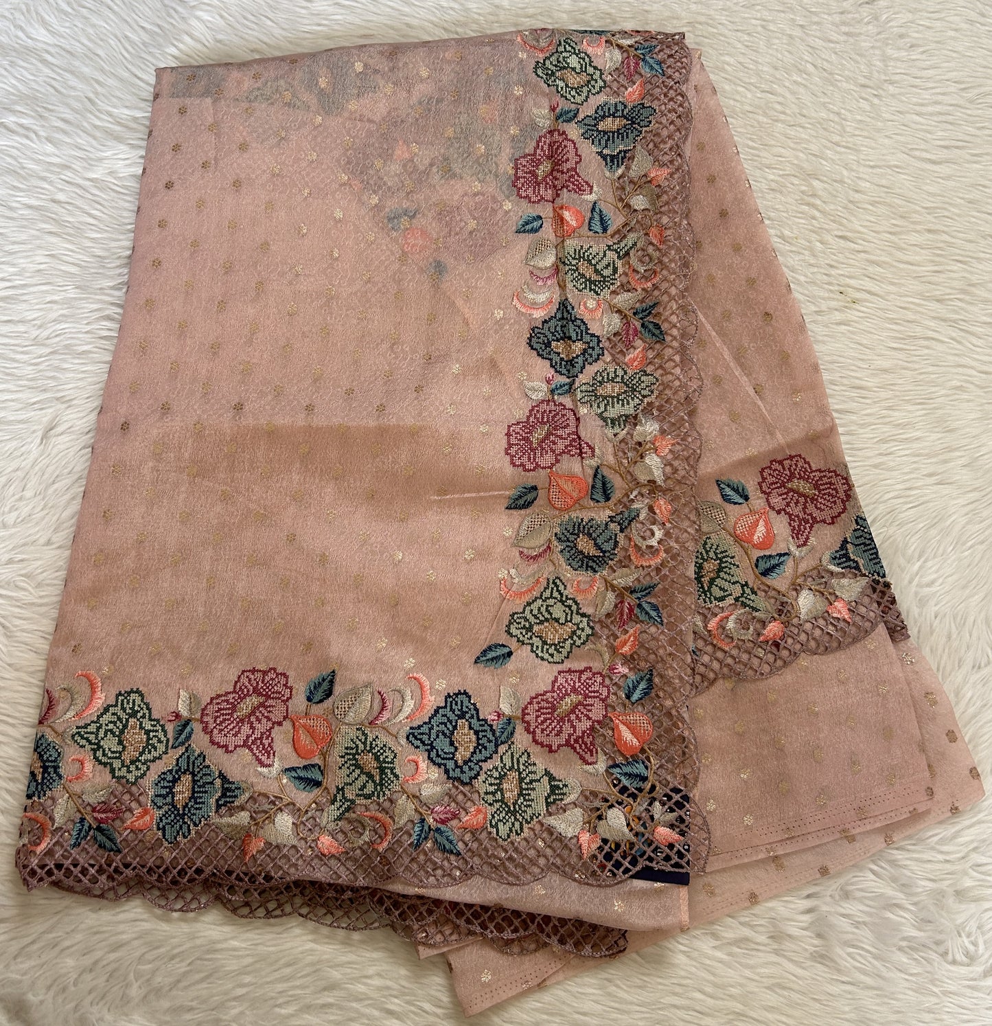 Tissue Georgette Designer Saree Onion Pink colored complemented with a Cutwork border. - Sampradaya Designer Studio