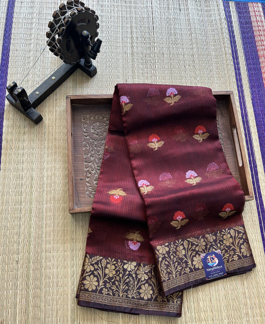 Pure Handloom Silk Kota Saree |   Maroon  Pure Handloom Silk Kota Saree | Silk Mark Certified  Pure Handloom Silk Kota Saree | Silk Mark Certified| Gold Zari  With Temple Border | Silk Mark Certified