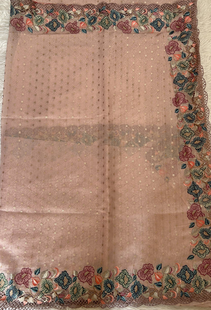 Tissue Georgette Designer Saree Onion Pink colored complemented with a Cutwork border. - Sampradaya Designer Studio