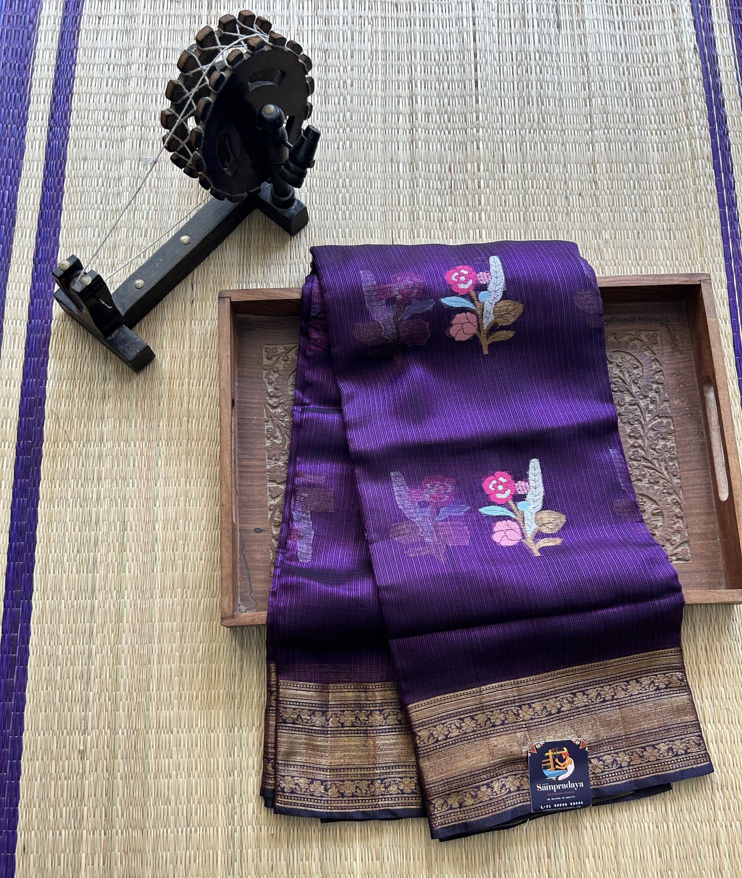 Pure Handloom Silk Kota Saree |   Violet  Pure Handloom Silk Kota Saree | Silk Mark Certified  Pure Handloom Silk Kota Saree | Silk Mark Certified| Gold Zari  With Temple Border | Silk Mark Certified