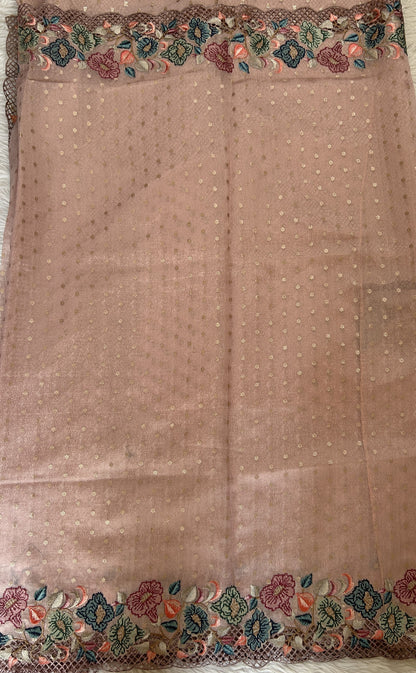 Tissue Georgette Designer Saree Onion Pink colored complemented with a Cutwork border. - Sampradaya Designer Studio