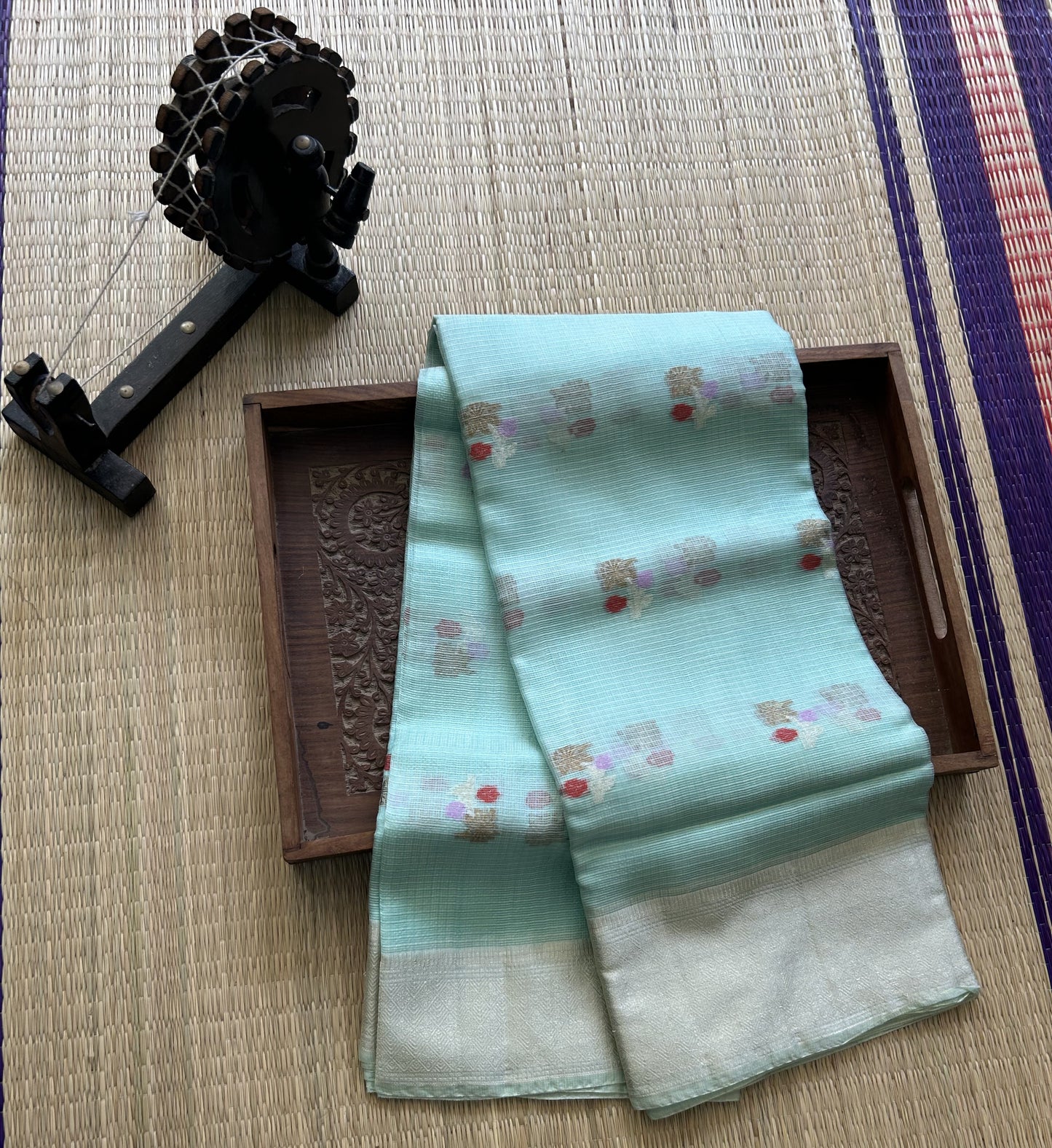 Pure Handloom Silk Kota Saree | Light Sea Green | Gold Zari  With Temple Border | Silk Mark Certified