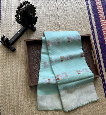 Pure Handloom Silk Kota Saree | Light Sea Green | Gold Zari  With Temple Border | Silk Mark Certified