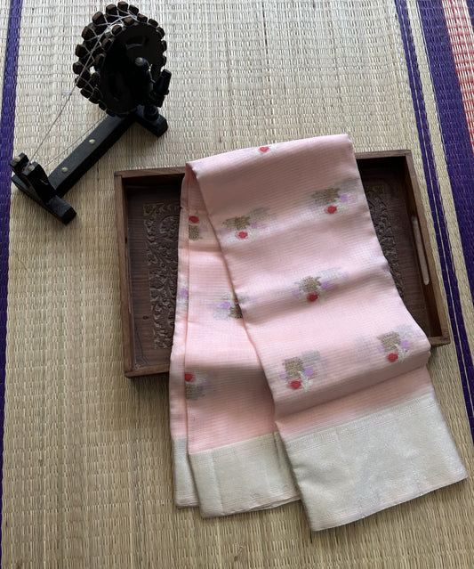 Pure Handloom Silk Kota Saree | Baby Pink | Gold Zari  With Temple Border | Silk Mark Certified
