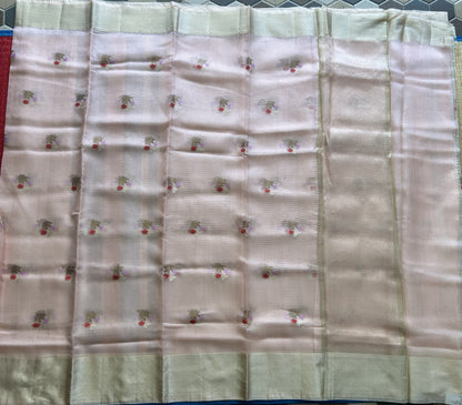 Pure Handloom Silk Kota Saree | Baby Pink | Gold Zari  With Temple Border | Silk Mark Certified