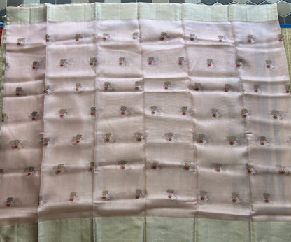 Pure Handloom Silk Kota Saree | Baby Pink | Gold Zari  With Temple Border | Silk Mark Certified