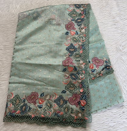 Tissue Georgette Designer Saree Sea Blue colored complemented with a Cutwork border - Sampradaya Designer Studio