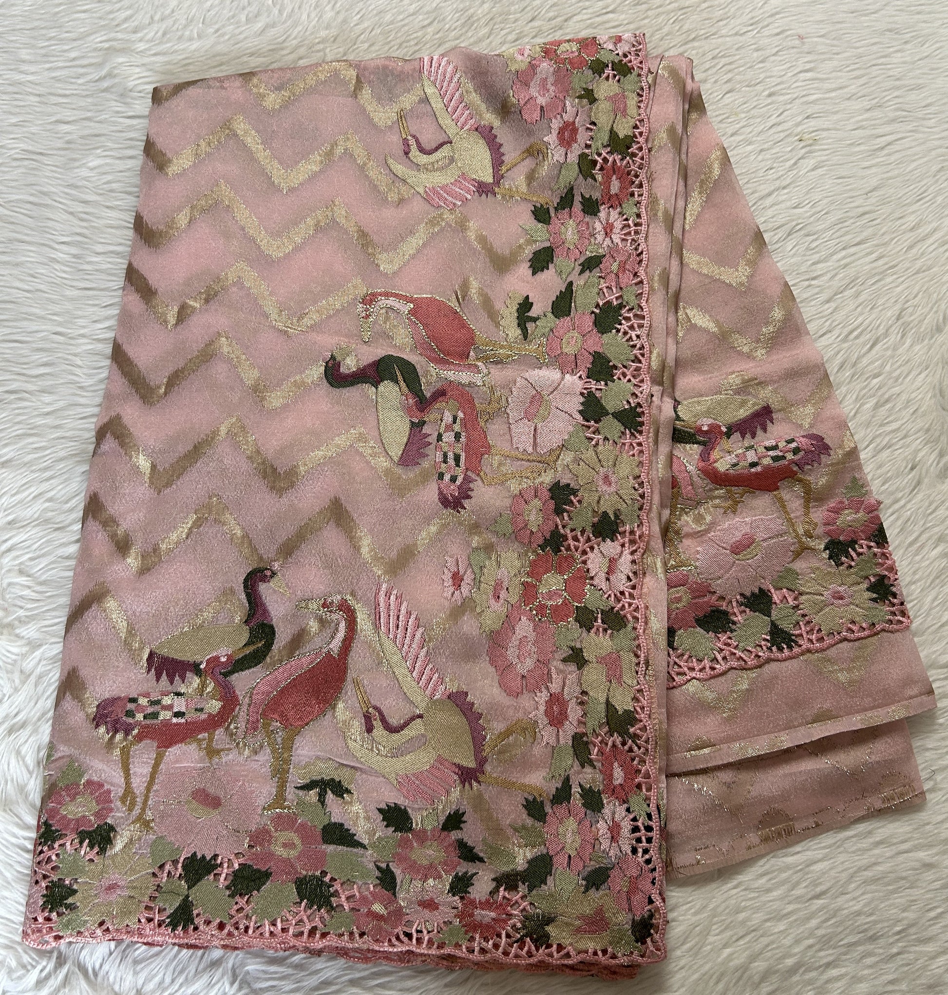 Tissue Georgette Designer Saree Light Pink colored complemented with a Cutwork border. - Sampradaya Designer Studio