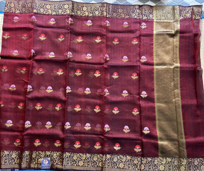 Pure Handloom Silk Kota Saree |   Maroon  Pure Handloom Silk Kota Saree | Silk Mark Certified  Pure Handloom Silk Kota Saree | Silk Mark Certified| Gold Zari  With Temple Border | Silk Mark Certified
