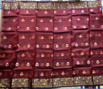 Pure Handloom Silk Kota Saree |   Maroon  Pure Handloom Silk Kota Saree | Silk Mark Certified  Pure Handloom Silk Kota Saree | Silk Mark Certified| Gold Zari  With Temple Border | Silk Mark Certified