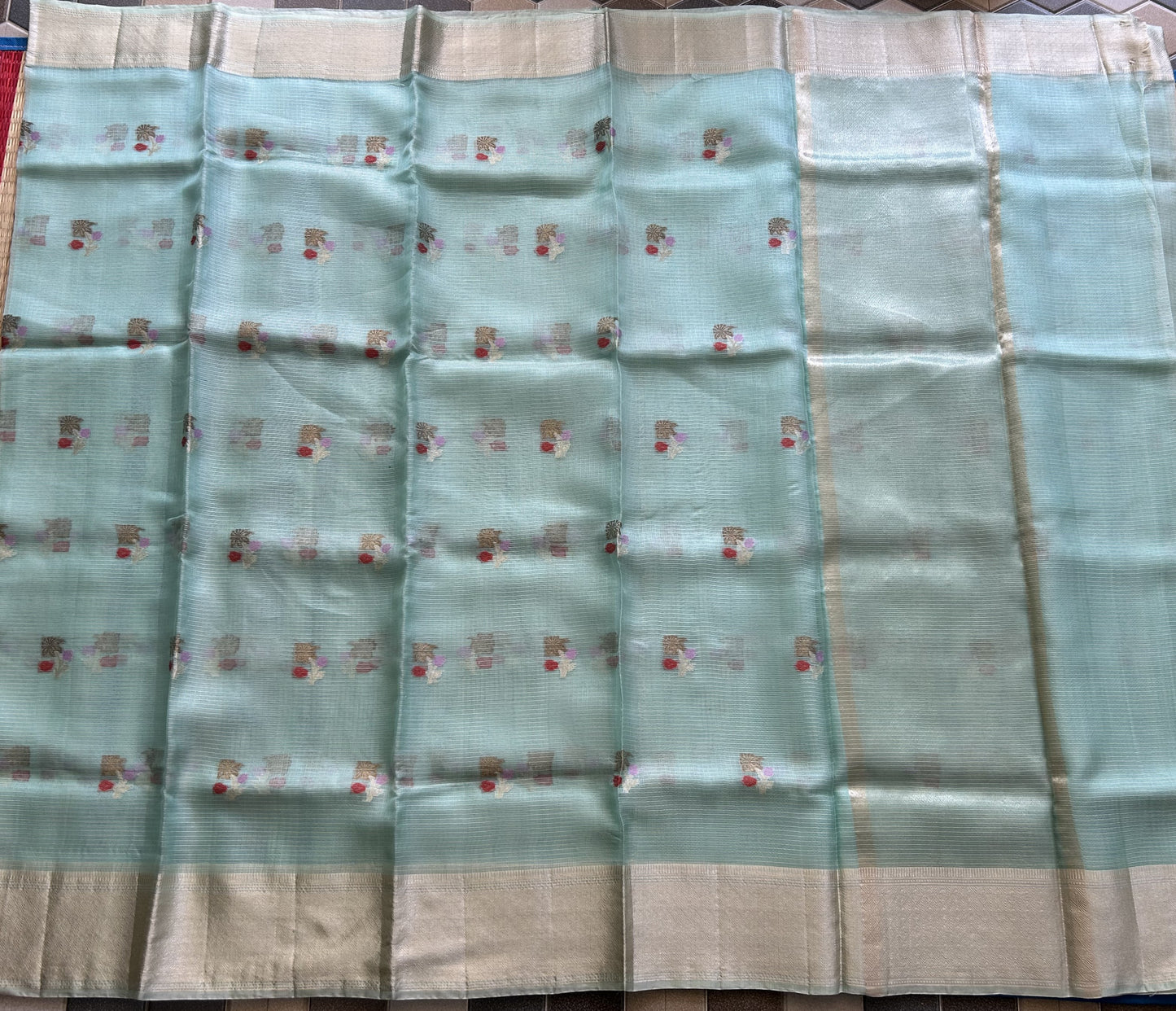 Pure Handloom Silk Kota Saree | Light Sea Green | Gold Zari  With Temple Border | Silk Mark Certified