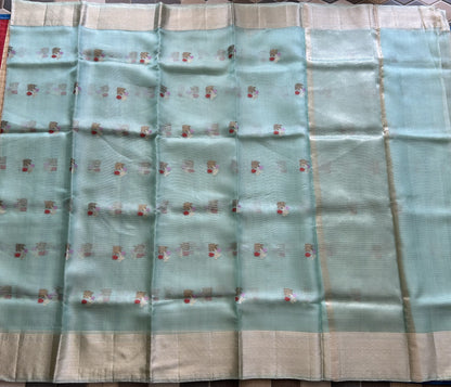 Pure Handloom Silk Kota Saree | Light Sea Green | Gold Zari  With Temple Border | Silk Mark Certified