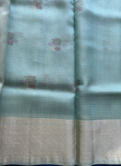 Pure Handloom Silk Kota Saree | Light Sea Green | Gold Zari  With Temple Border | Silk Mark Certified