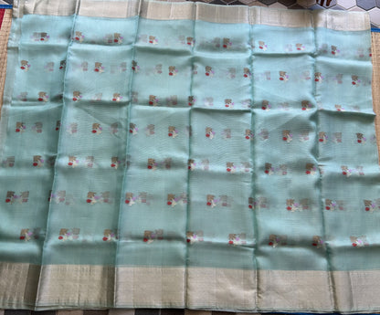 Pure Handloom Silk Kota Saree | Light Sea Green | Gold Zari  With Temple Border | Silk Mark Certified