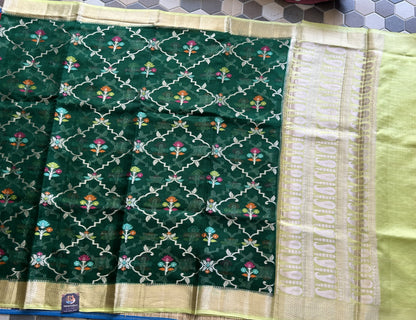 Pure Handloom Silk Kota Saree |Bottle Green| Gold Zari  With Temple Border | Silk Mark Certified