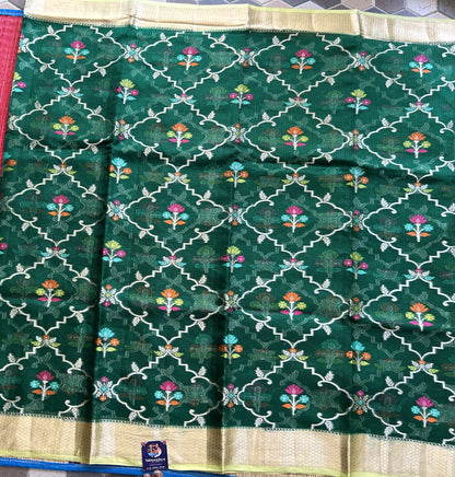 Pure Handloom Silk Kota Saree |Bottle Green| Gold Zari  With Temple Border | Silk Mark Certified