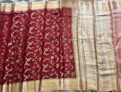 Pure Handloom Silk Kota Saree | Red | Gold Zari  With Temple Border | Silk Mark Certified