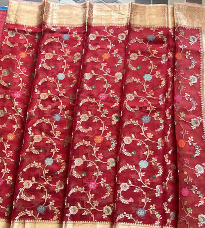 Pure Handloom Silk Kota Saree | Red | Gold Zari  With Temple Border | Silk Mark Certified