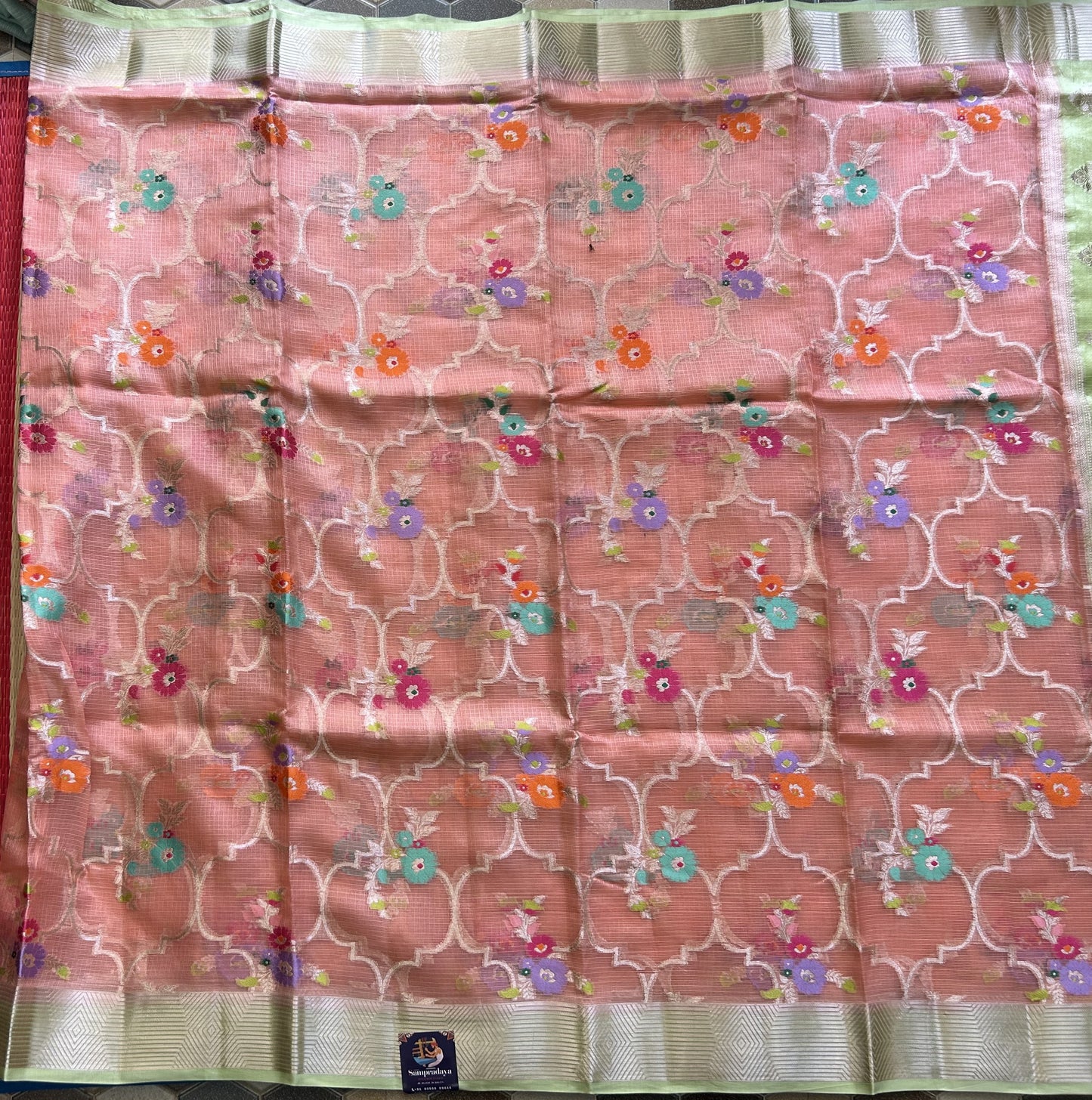 Pure Handloom Silk Kota Saree | Peach | Gold Zari  With Temple Border | Silk Mark Certified