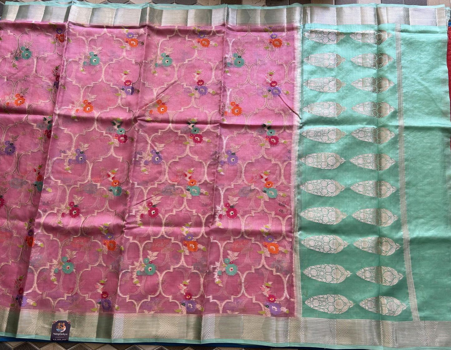 Pure Handloom Silk Kota Saree | Pink | Gold Zari  With Temple Border | Silk Mark Certified