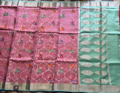 Pure Handloom Silk Kota Saree | Pink | Gold Zari  With Temple Border | Silk Mark Certified
