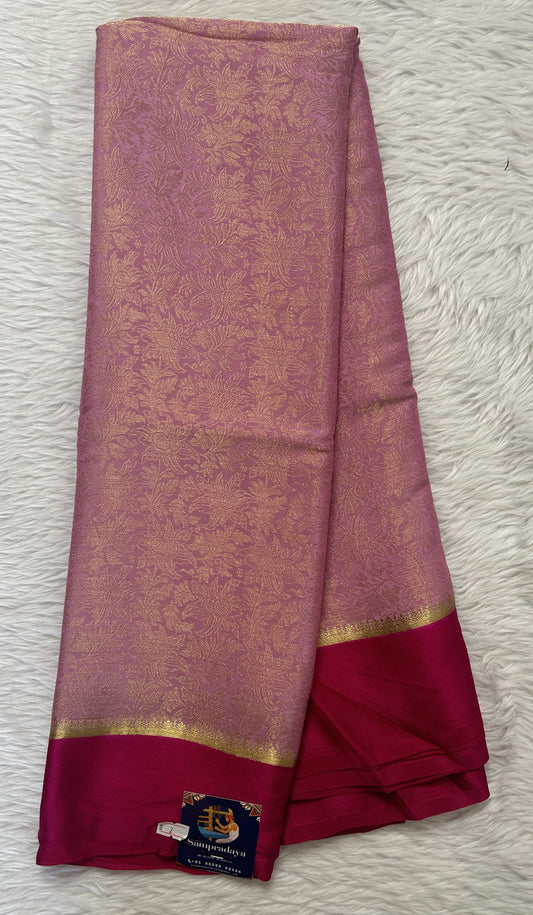 Mysore Crepe Silk Saree Baby Pink Colored Complemented with a Pink Zari Border. - Sampradaya Designer Studio