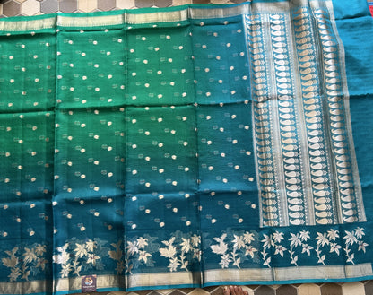 Pure Handloom Silk Kota Saree | Green And Blue | Gold Zari  With Temple Border | Silk Mark Certified