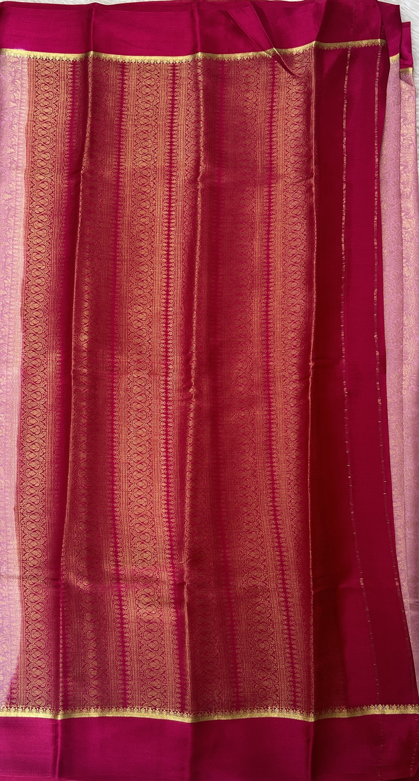 Mysore Crepe Silk Saree Baby Pink Colored Complemented with a Pink Zari Border. - Sampradaya Designer Studio