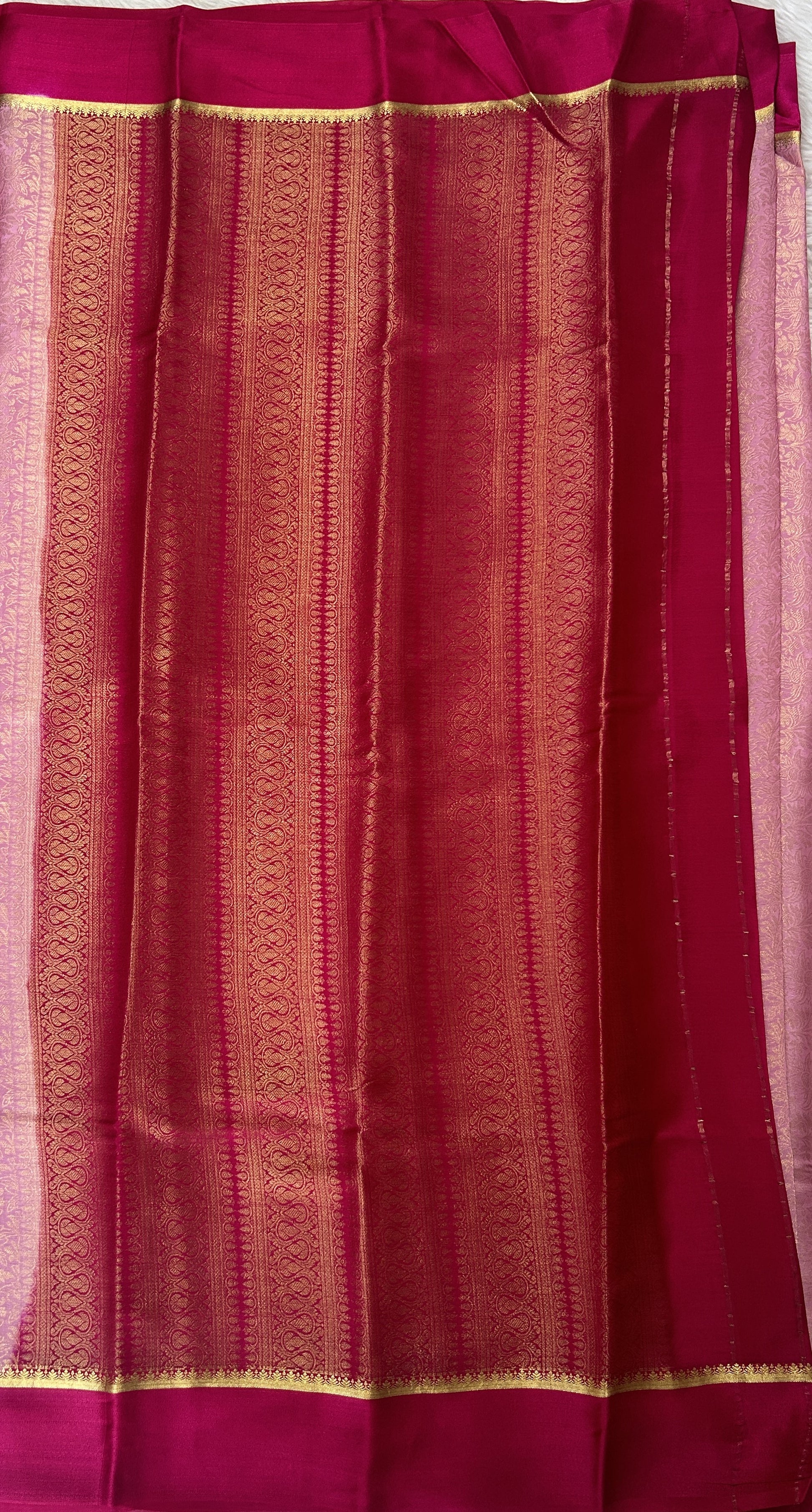 Mysore Crepe Silk Saree Baby Pink Colored Complemented with a Pink Zari Border. - Sampradaya Designer Studio