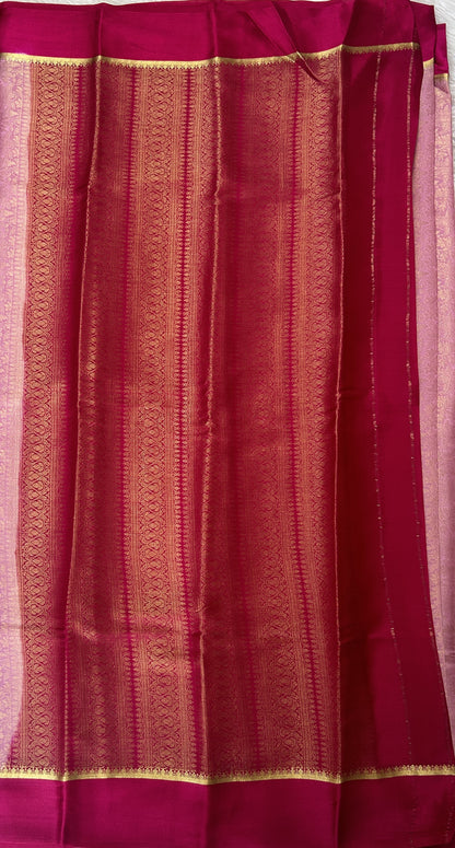 Mysore Crepe Silk Saree Baby Pink Colored Complemented with a Pink Zari Border. - Sampradaya Designer Studio
