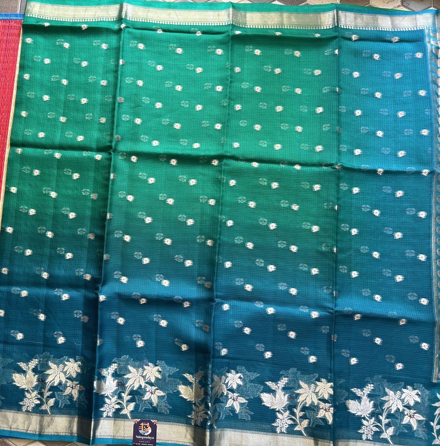 Pure Handloom Silk Kota Saree | Green And Blue | Gold Zari  With Temple Border | Silk Mark Certified