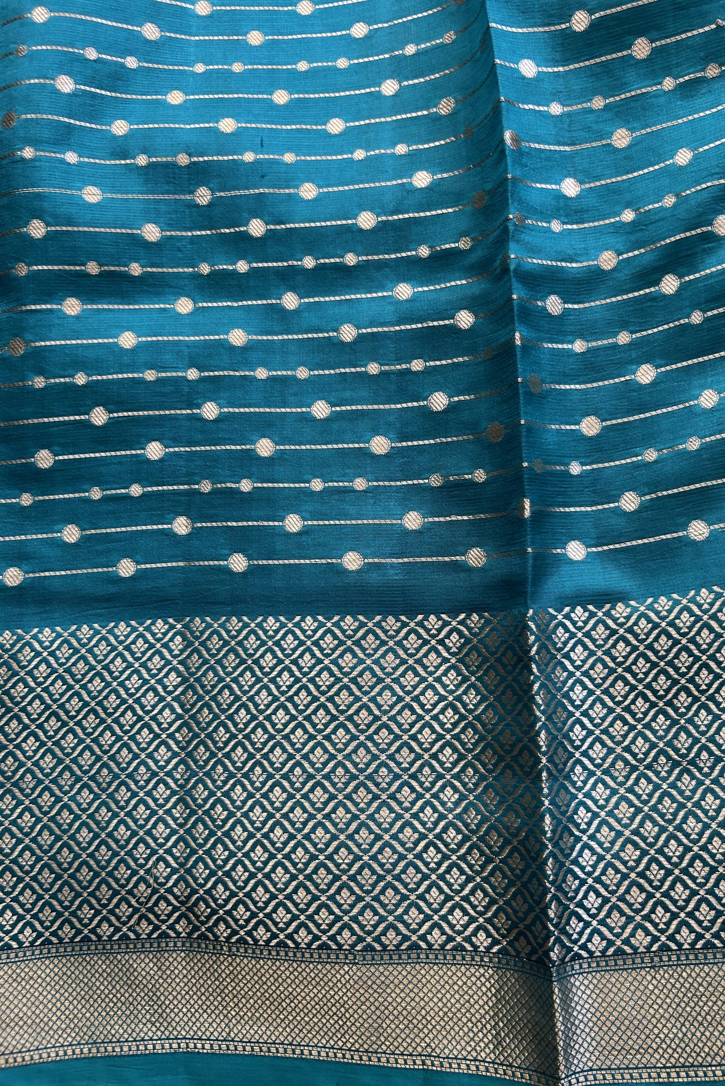 Pure Handloom Silk Kota Saree | Green And Blue | Gold Zari  With Temple Border | Silk Mark Certified