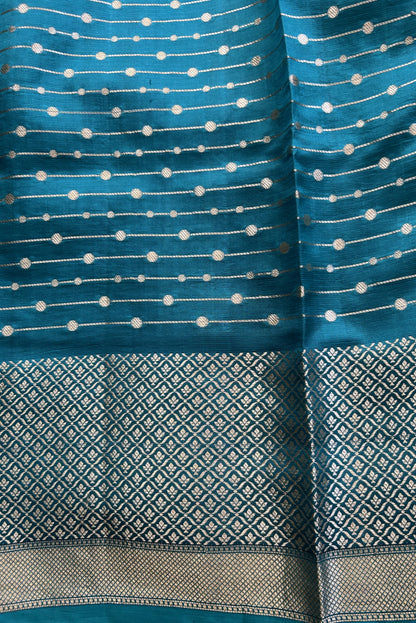 Pure Handloom Silk Kota Saree | Green And Blue | Gold Zari  With Temple Border | Silk Mark Certified
