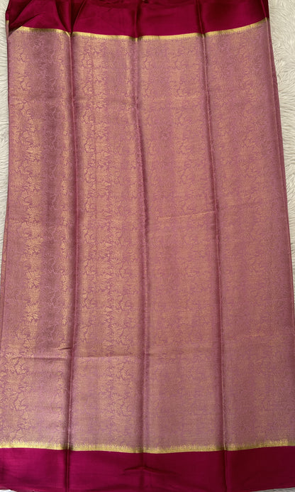 Mysore Crepe Silk Saree Baby Pink Colored Complemented with a Pink Zari Border. - Sampradaya Designer Studio