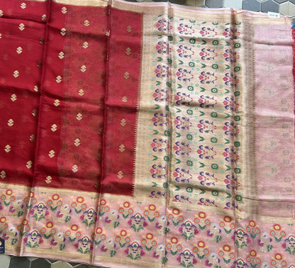 Pure Handloom Silk Kota Saree | Red | Gold Zari  With Temple Border | Silk Mark Certified