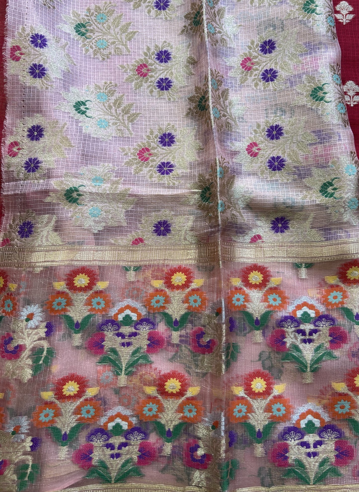 Pure Handloom Silk Kota Saree | Red | Gold Zari  With Temple Border | Silk Mark Certified