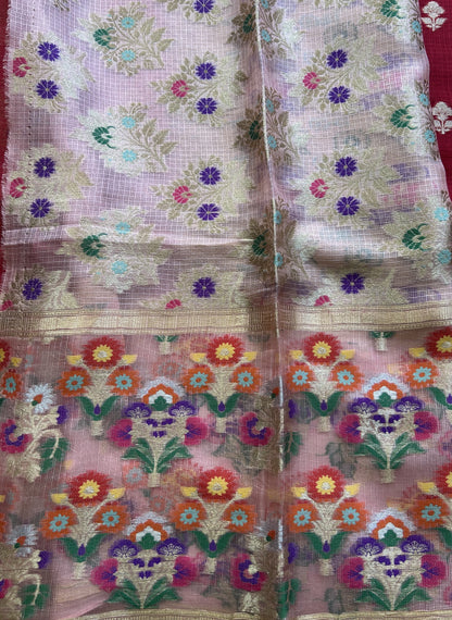 Pure Handloom Silk Kota Saree | Red | Gold Zari  With Temple Border | Silk Mark Certified