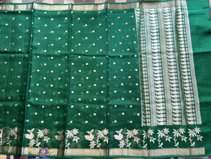 Pure Handloom Silk Kota Saree | Bottle Green| Gold Zari  With Temple Border | Silk Mark Certified