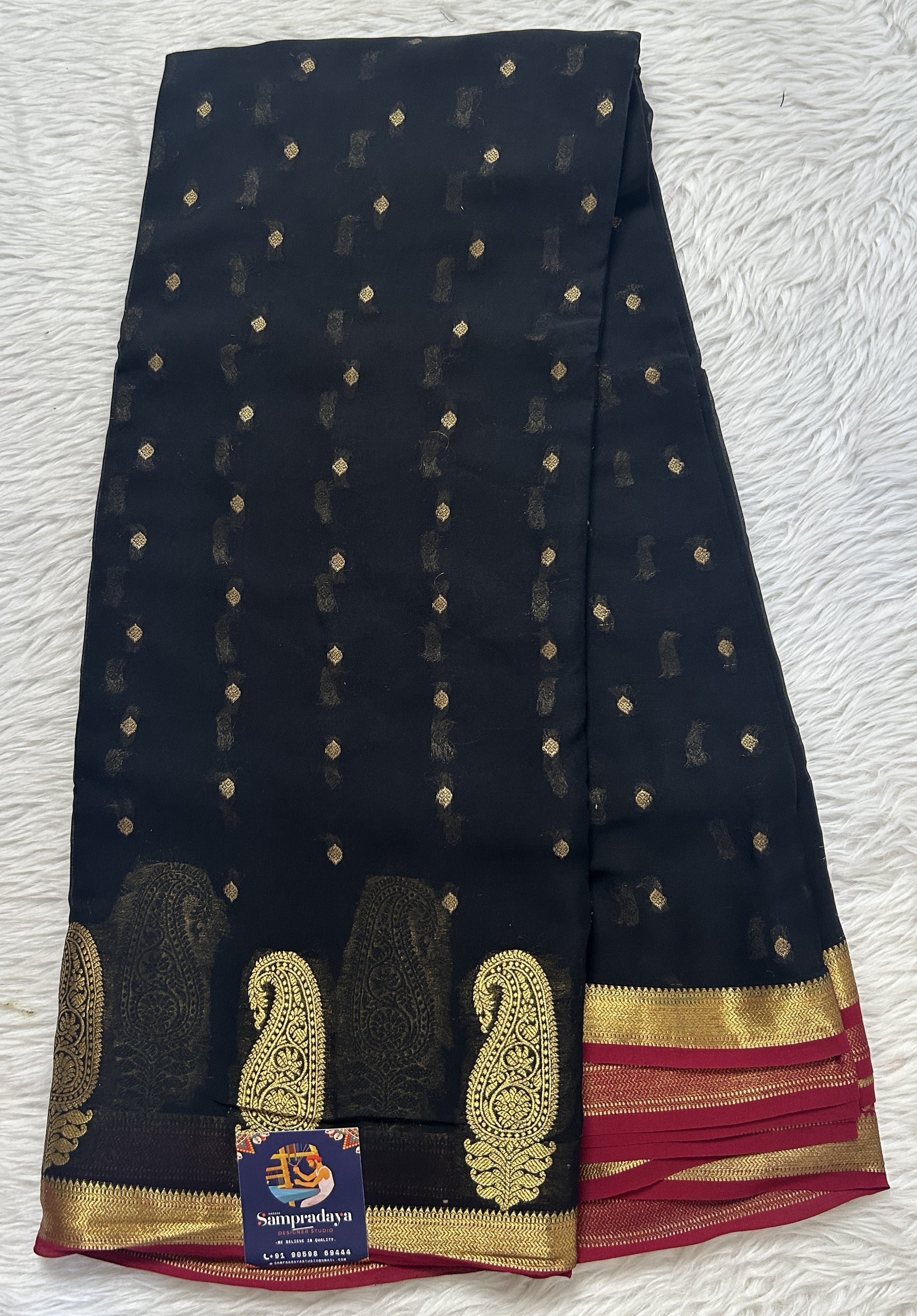 Mysore Crepe Silk Saree Black Colored Complemented with a Zari Border. - Sampradaya Designer Studio