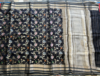 Pure Handloom Silk Kota Saree | Black | Gold Zari  With Temple Border | Silk Mark Certified