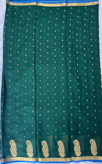 Mysore Crepe Silk Saree Bottle Green Colored Complemented with a Zari Border. - Sampradaya Designer Studio