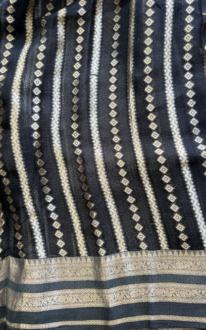 Pure Handloom Silk Kota Saree | Black | Gold Zari  With Temple Border | Silk Mark Certified