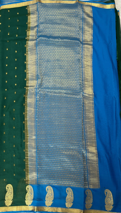 Mysore Crepe Silk Saree Bottle Green Colored Complemented with a Zari Border. - Sampradaya Designer Studio