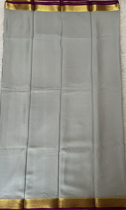 Mysore Crepe Silk Saree Light Gray Colored Complemented with a Pink Zari Border. - Sampradaya Designer Studio