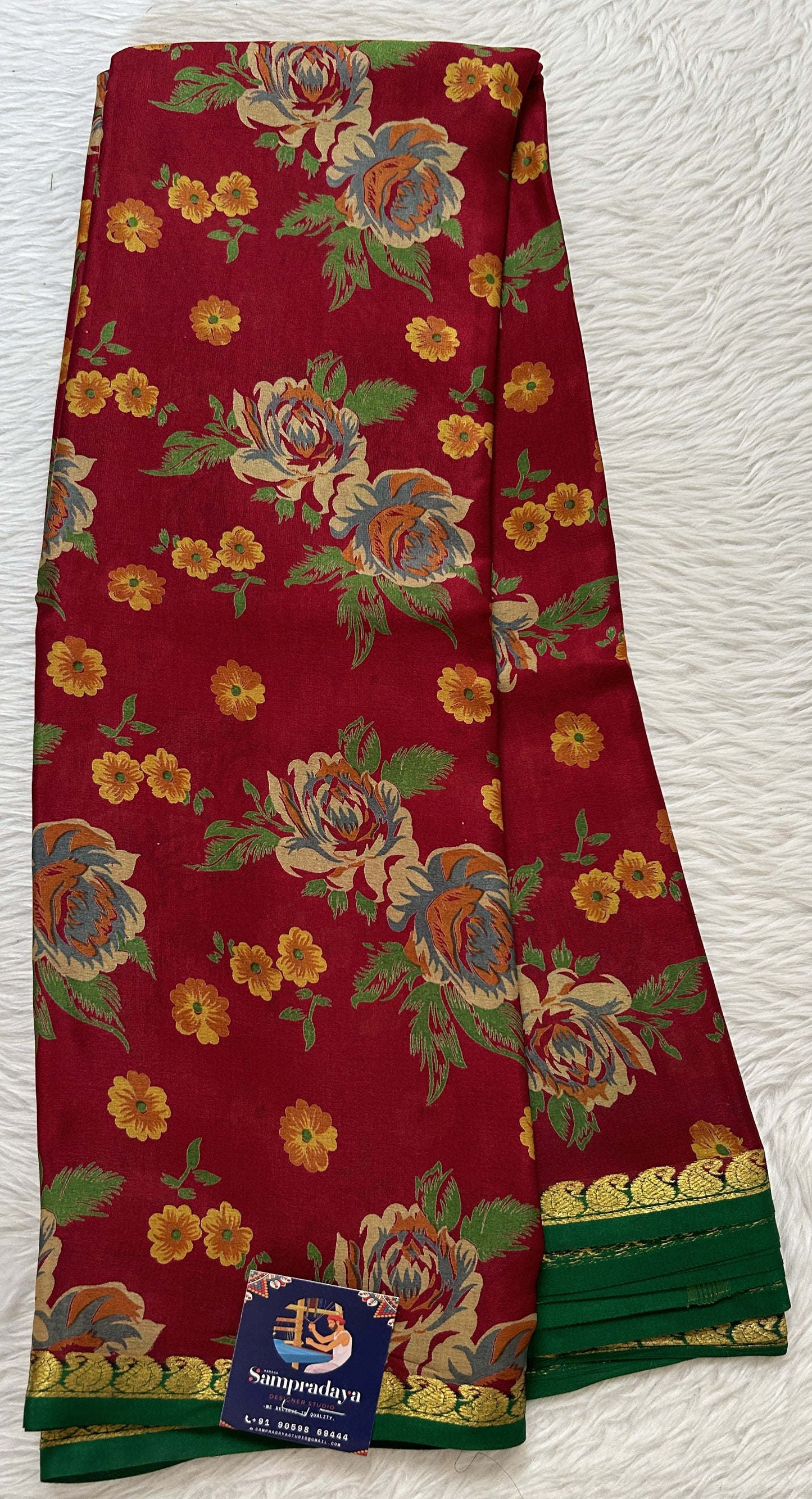Mysore Crepe Silk Saree Maroon Colored Complemented with a Green Zari Border. - Sampradaya Designer Studio