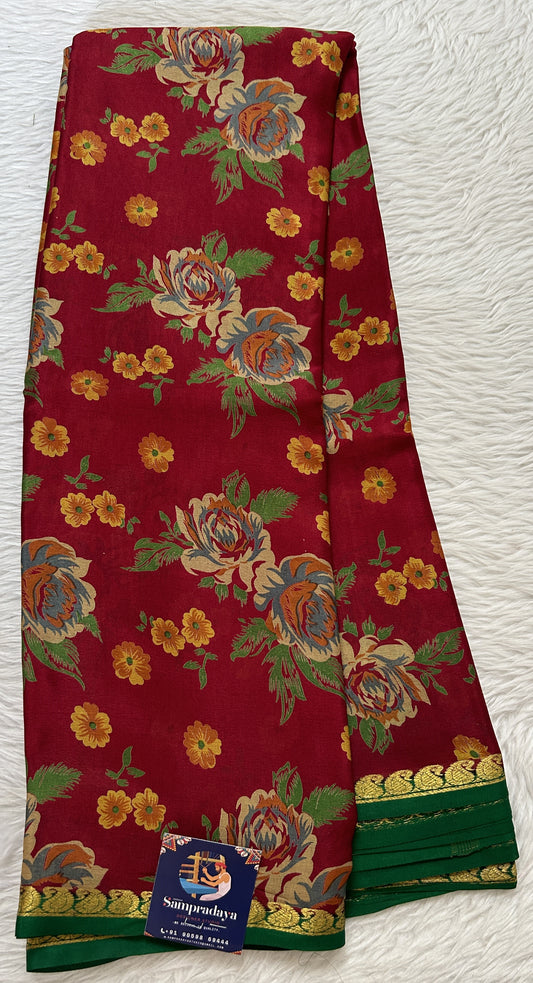 Mysore Crepe Silk Saree Maroon Colored Complemented with a Green Zari Border. - Sampradaya Designer Studio