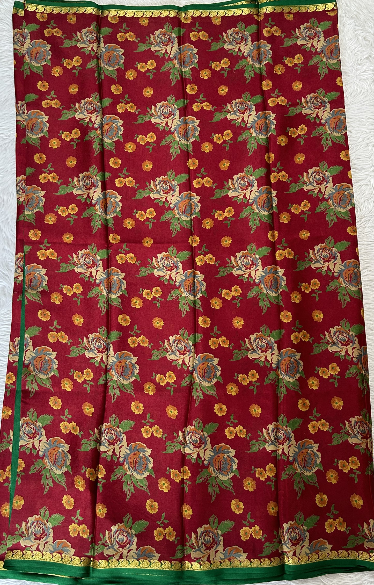 Mysore Crepe Silk Saree Maroon Colored Complemented with a Green Zari Border. - Sampradaya Designer Studio